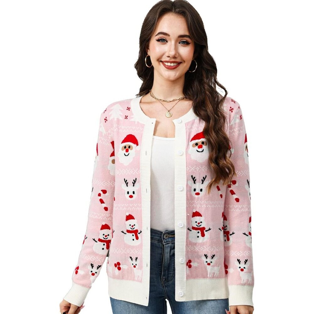 Womens Ugly Christmas Cardigan Sweater Santa Reindeer Snowman Long Sleeve